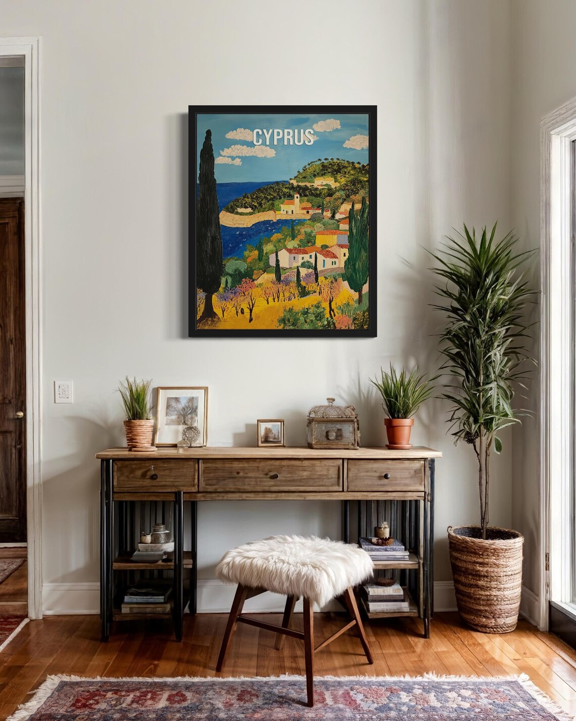 Cyprus Sunlit Mediterranean Coastal Village Bay Folk Art Travel Poster - Image 3