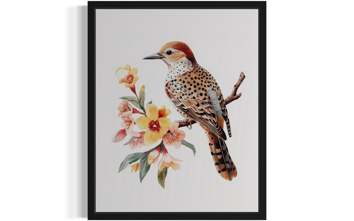 Northern Flicker On Yellow Blossom Branch Watercolor Bird Poster