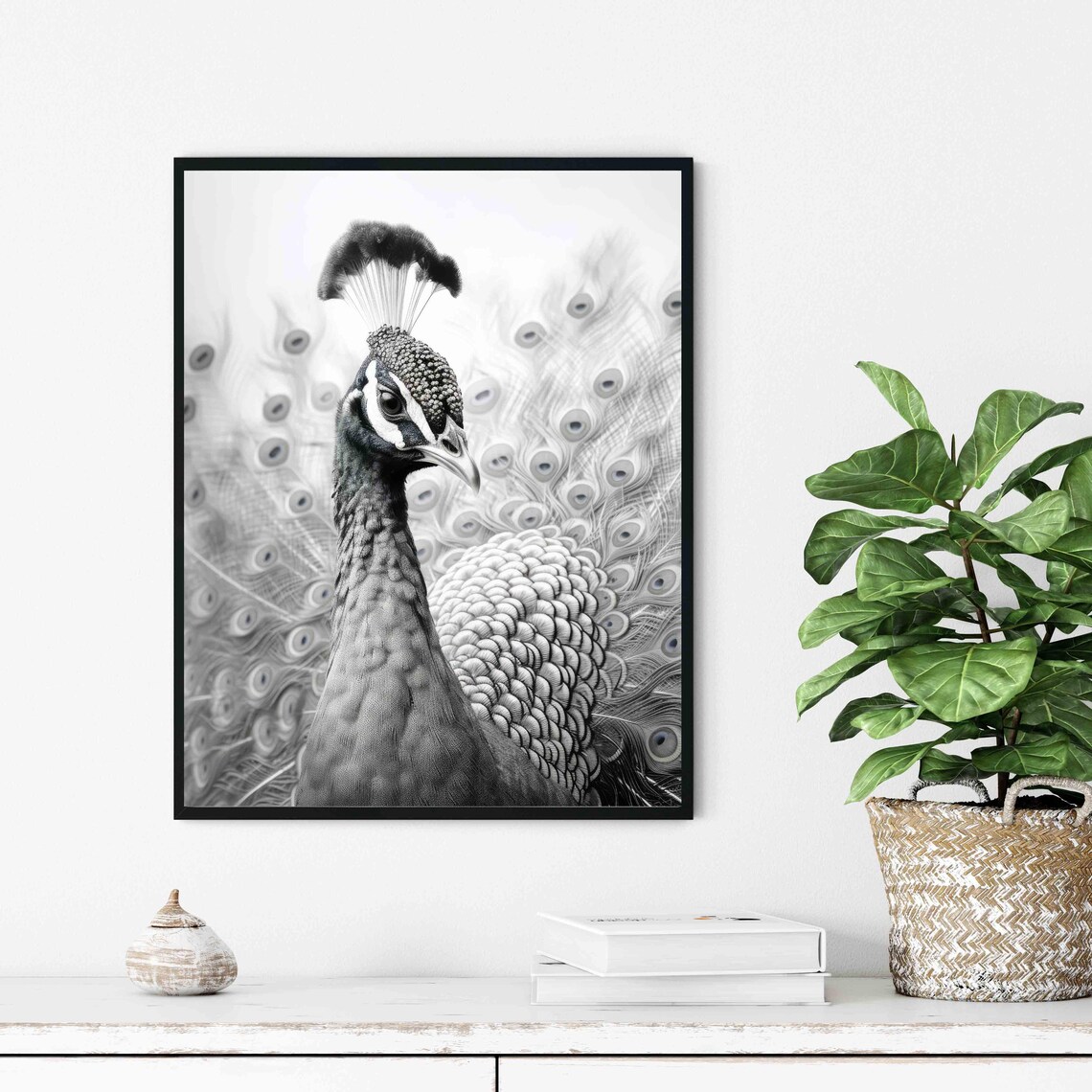 Majestic Peacock with Fanned Tail Portrait in Black and White Poster - Image 4