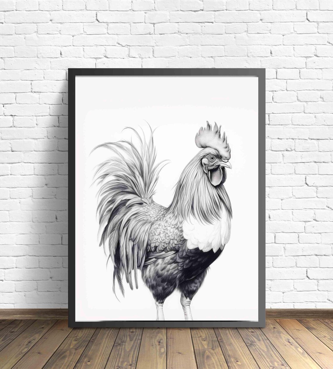 Rooster Black and White Farm Chicken Bird Portrait Art Poster - Image 2