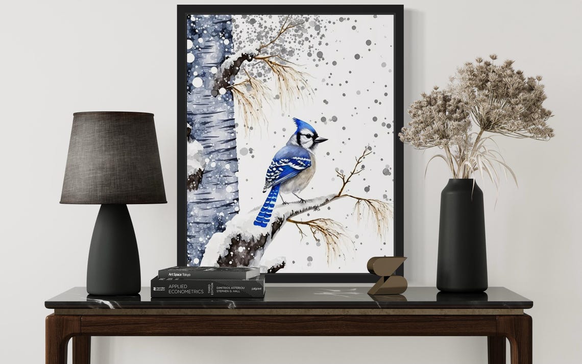 Blue Jay On Snowy Birch Branch In Falling Snow Winter Poster - Image 2