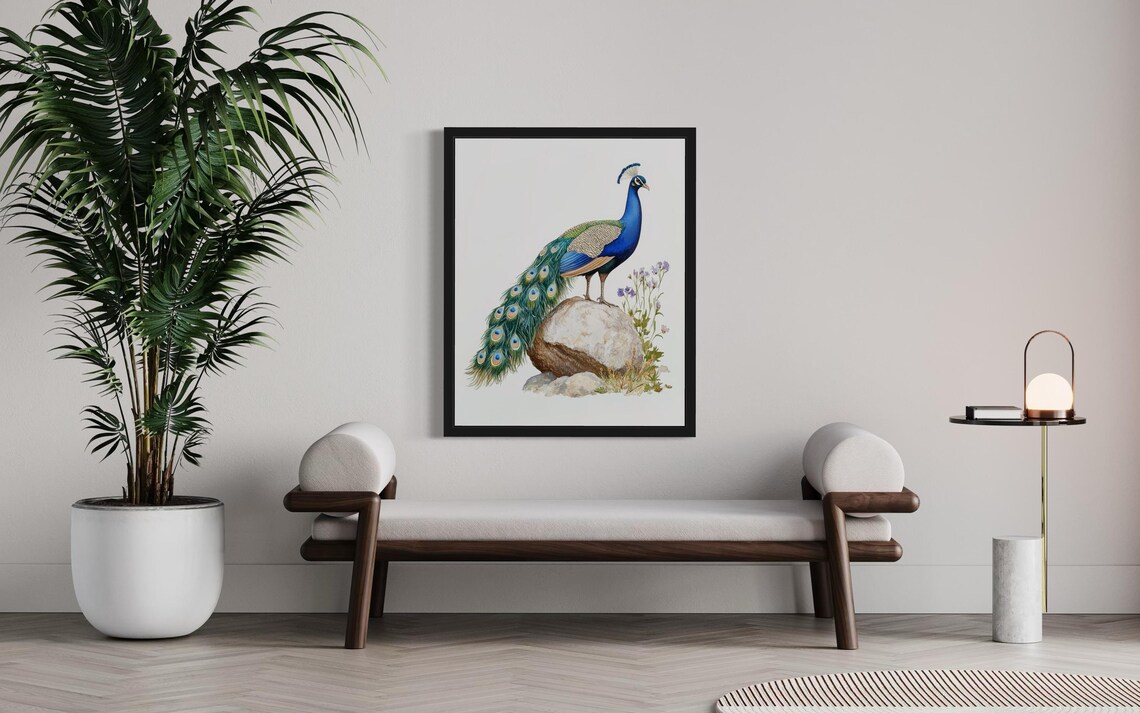 Indian Peacock Standing Tall on a Boulder Watercolor Bird Poster - Image 3