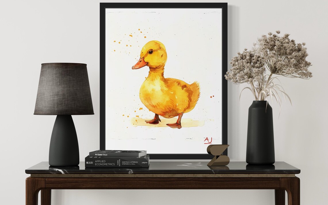Yellow Duckling Watercolor With Orange Paint Splashes Poster - Image 3