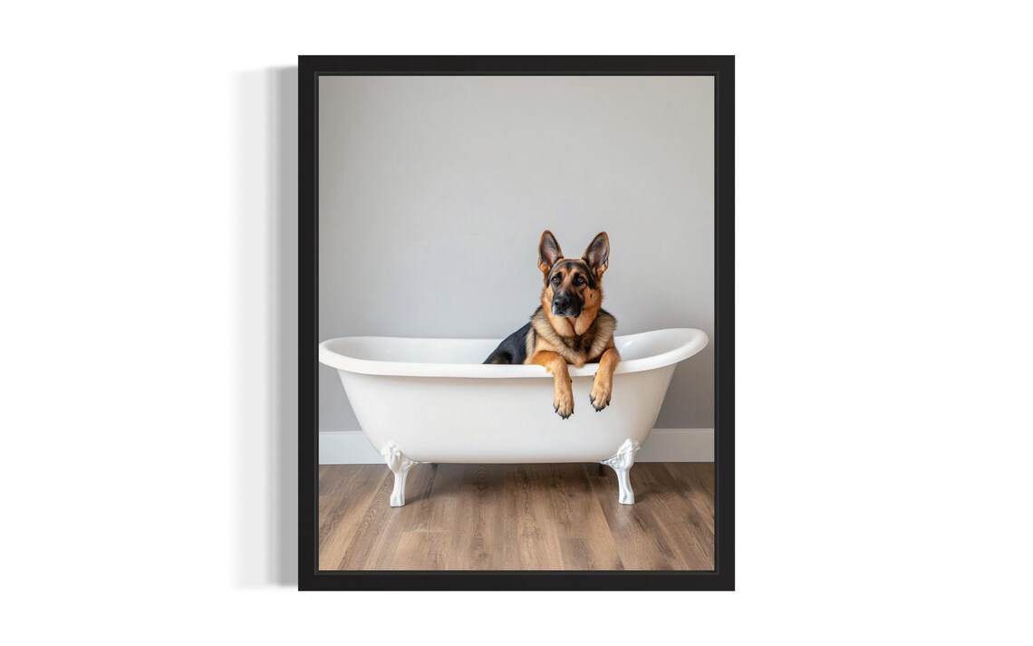 German Shepherd Dog Sitting in a White Clawfoot Bathtub Poster