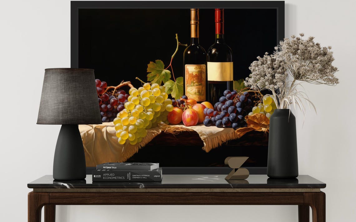 Wine Bottles and Grape Harvest Classic Dark Still Life Poster - Image 3