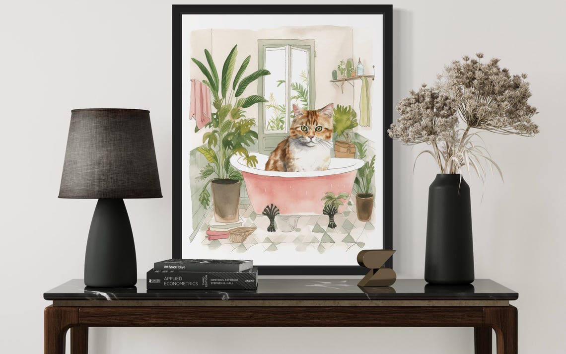 Orange Tabby Cat in a Pink Clawfoot Tub Watercolor Bathroom Poster - Image 2
