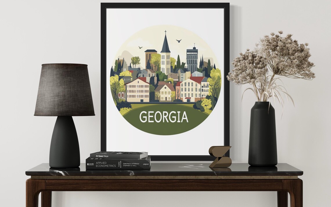 Georgia Historic City Skyline With Church Spire Circle Poster - Image 3