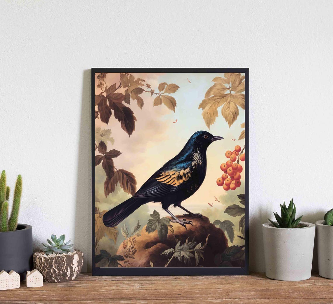 Glossy Starling Perched with Orange Berries Vintage Songbird Poster - Image 4