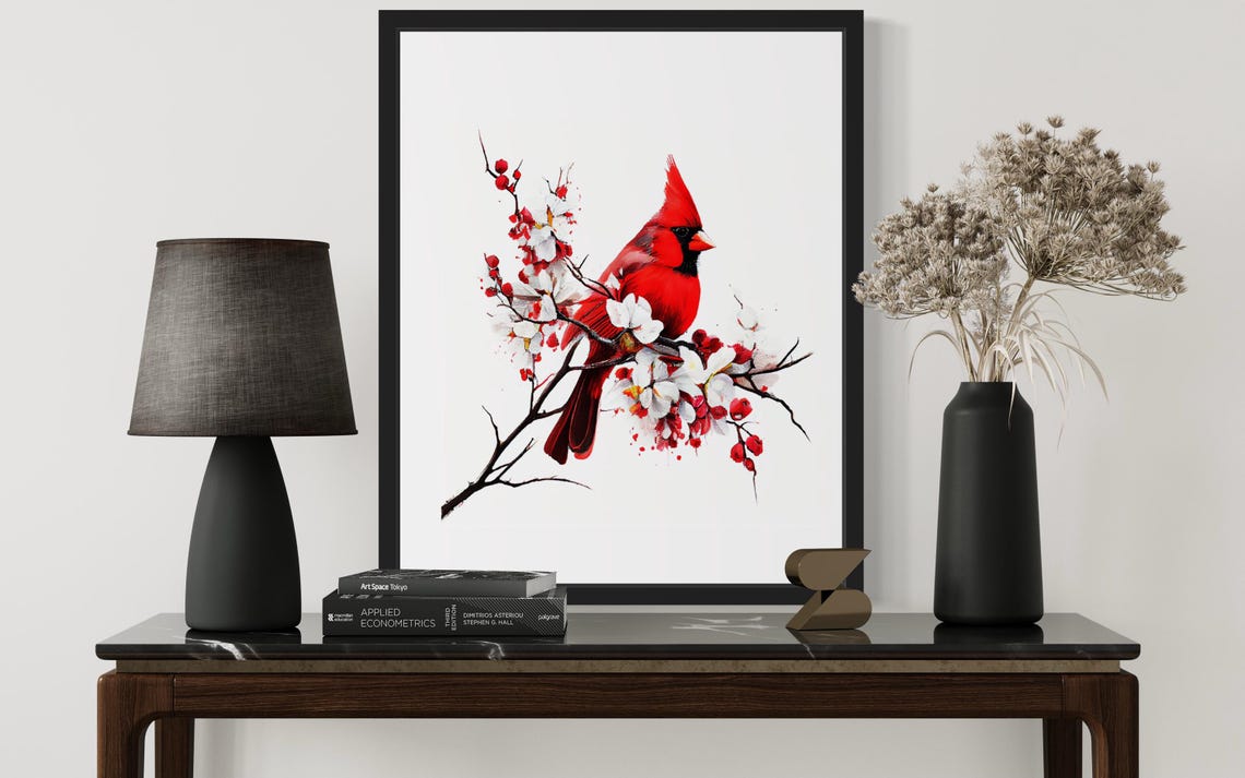 Red Cardinal Perched on Flowering Blossom Branch Watercolor Art Poster - Image 4