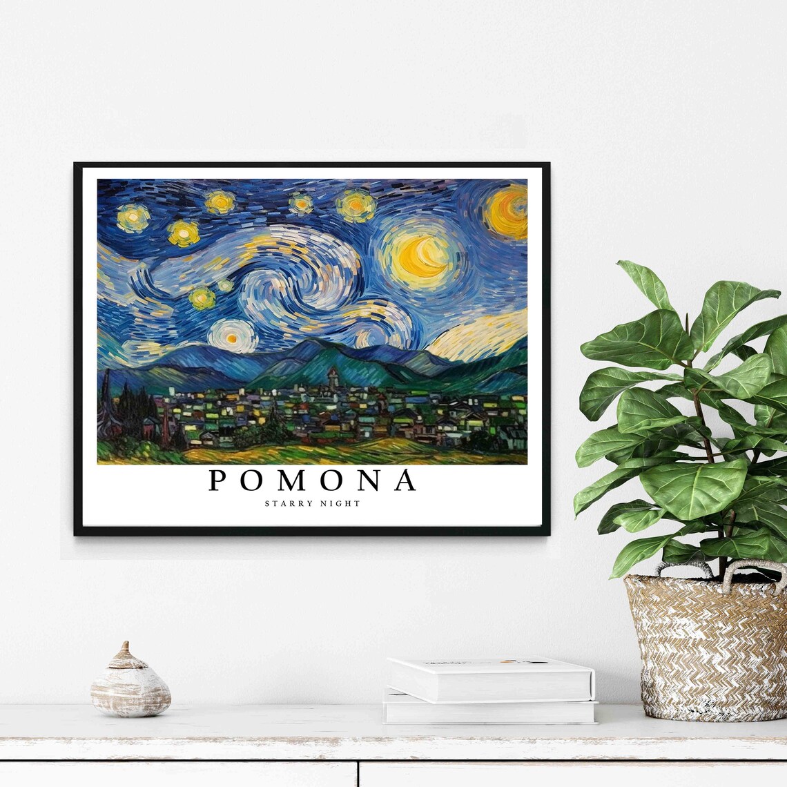 Pomona California Starry Night Mountain Town Skyline Art Poster - Image 2