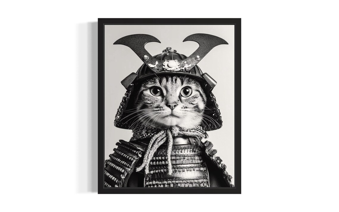 Samurai Cat Armor Helmet Black and White Funny Pet Portrait Poster