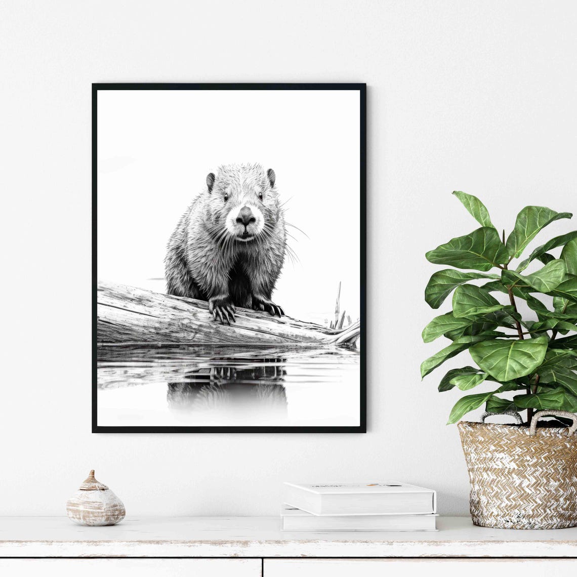 Beaver Resting on a Log Over Calm Water in Black and White Art Poster
