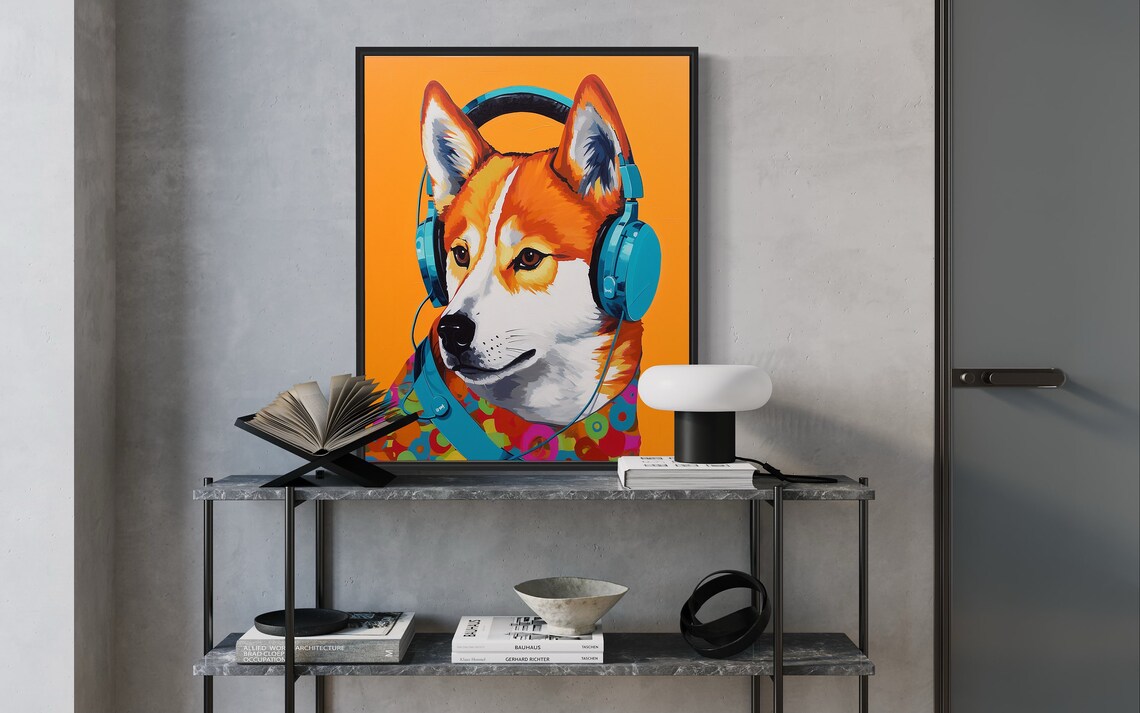Shiba Inu Dog Wearing Blue Headphones Orange Pop Art Music Poster - Image 2