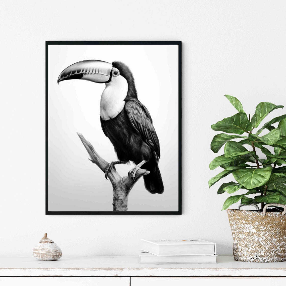 Black and White Toucan on Branch Detailed Art Poster Home Decor Gift - Image 3
