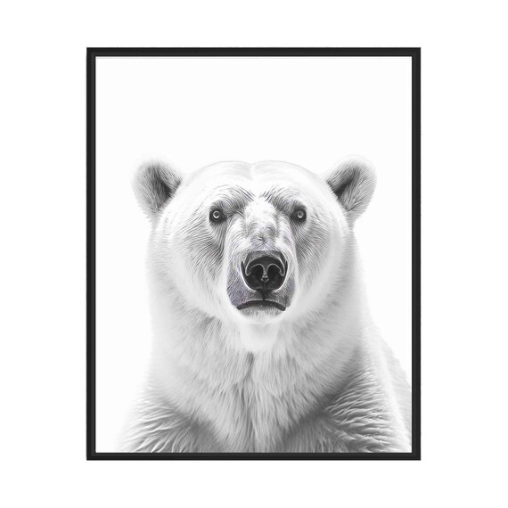 Striking Polar Bear Face Portrait in Black and White Art Poster