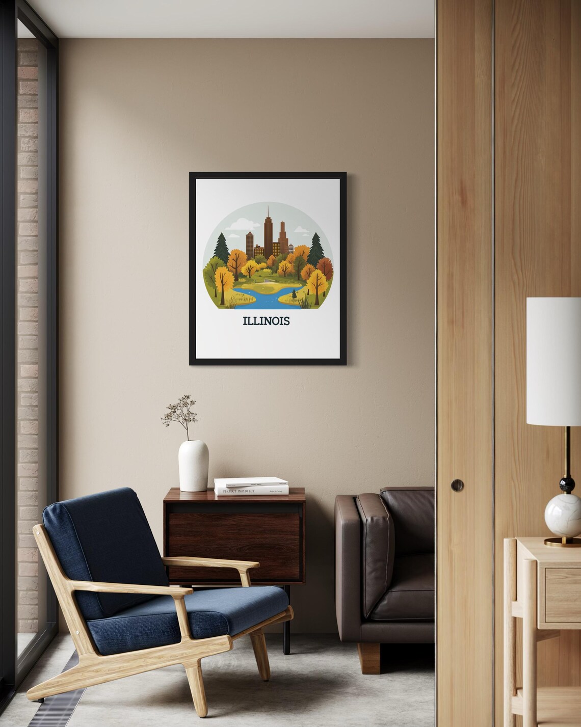 Illinois Chicago Towers Over Autumn Park River Circle Poster - Image 2