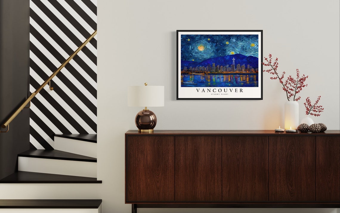 Vancouver Starry Night Harbor Boats Skyline Moonlit Art Poster - Image 4