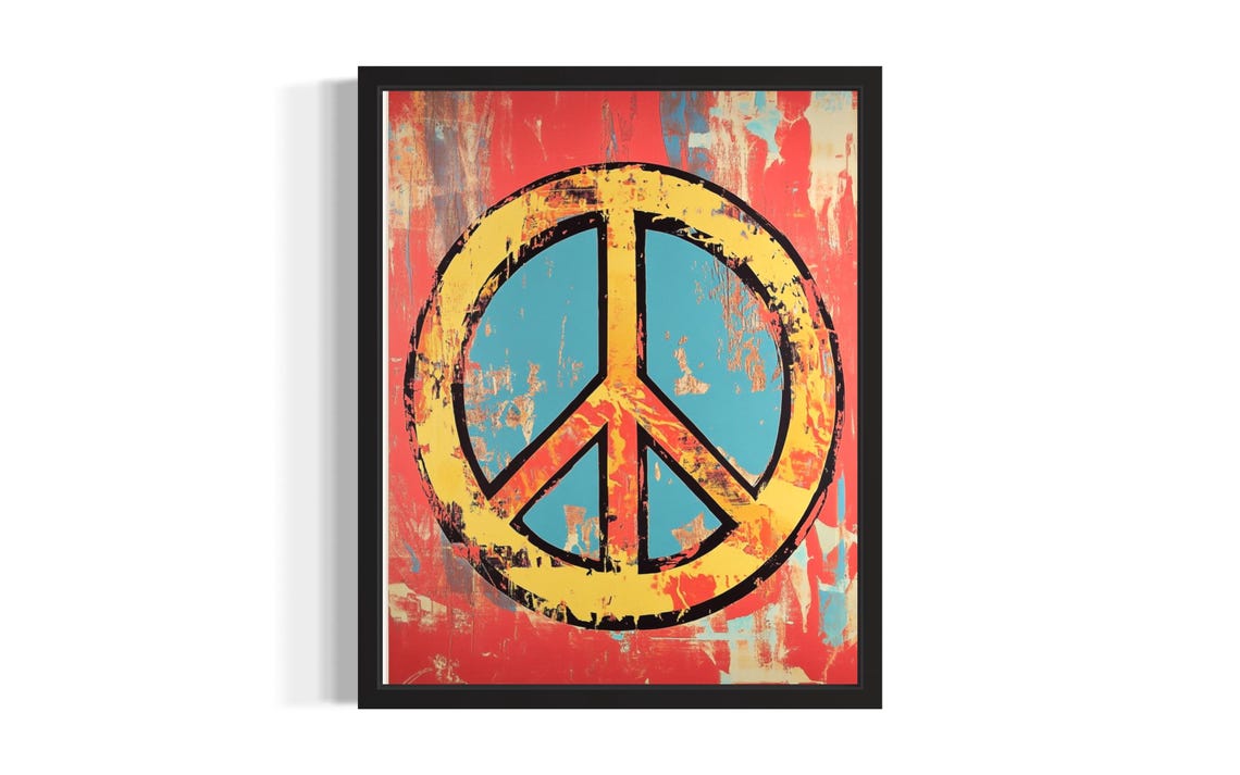Vintage Distressed Peace Sign Yellow Retro Pop Art Symbol Poster