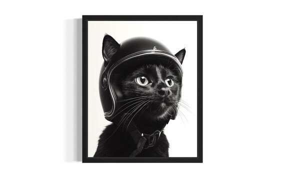 Black Cat Wearing Motorcycle Helmet Monochrome Portrait Art Poster
