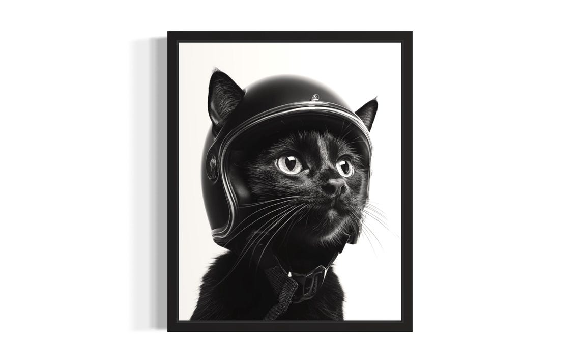 Black Cat Wearing Motorcycle Helmet Monochrome Portrait Art Poster