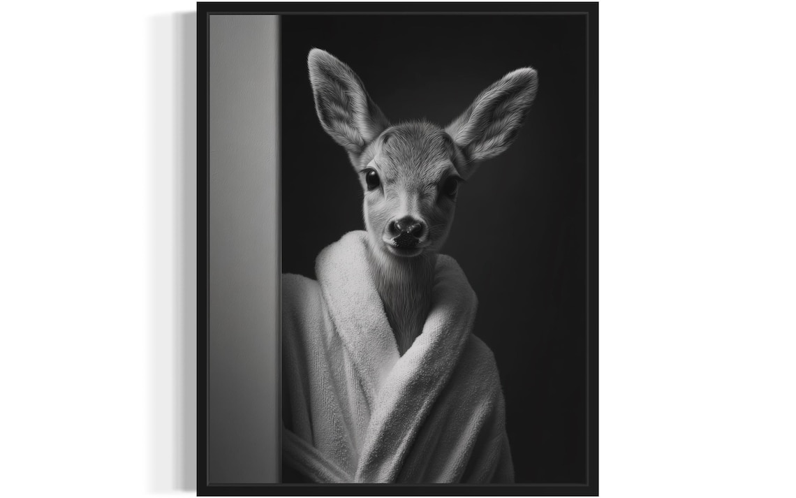 Baby Deer Bathrobe Peeking Funny Woodland Animal Bathroom Art Poster