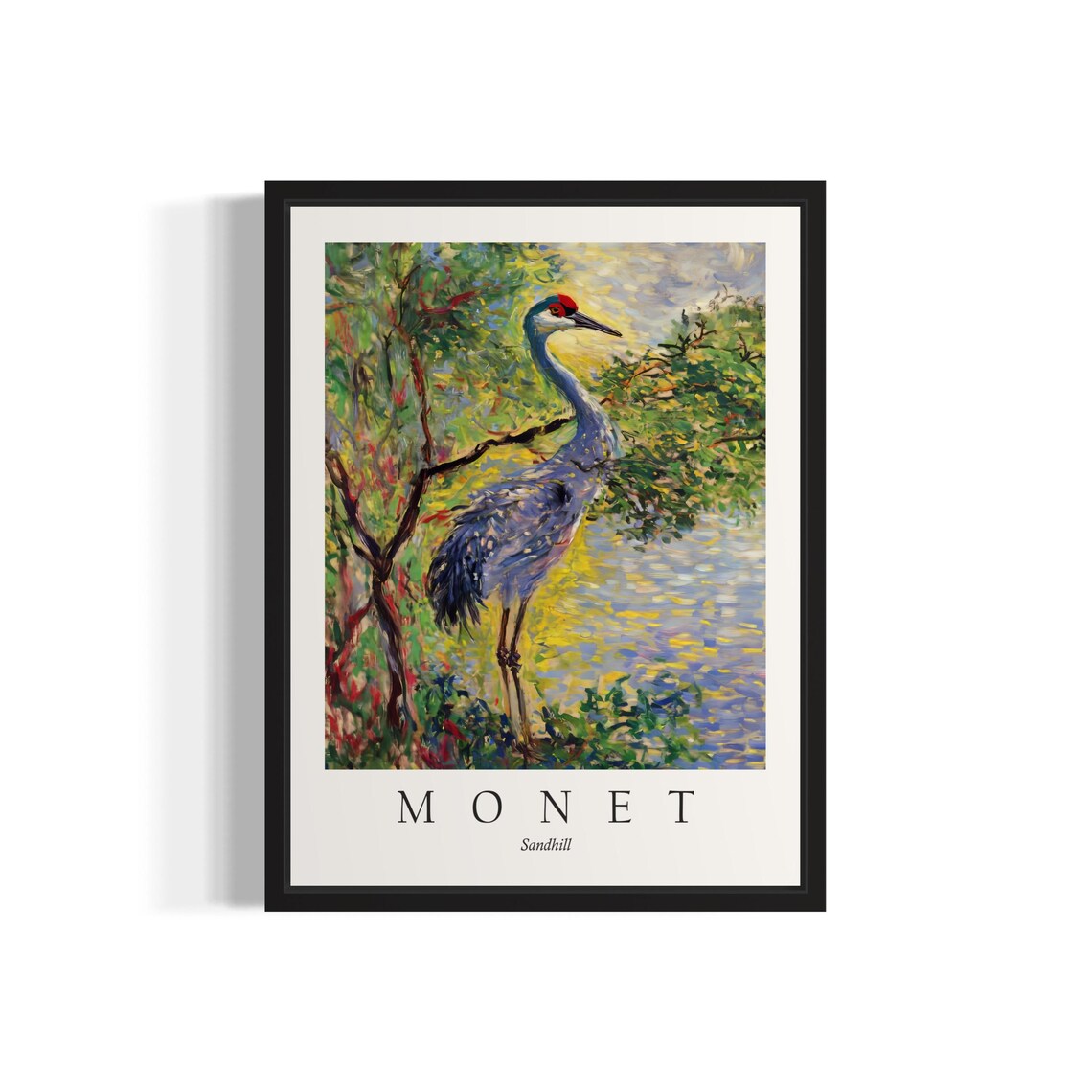 Sandhill Crane Wading at the Water Monet Style Wetland Bird Poster