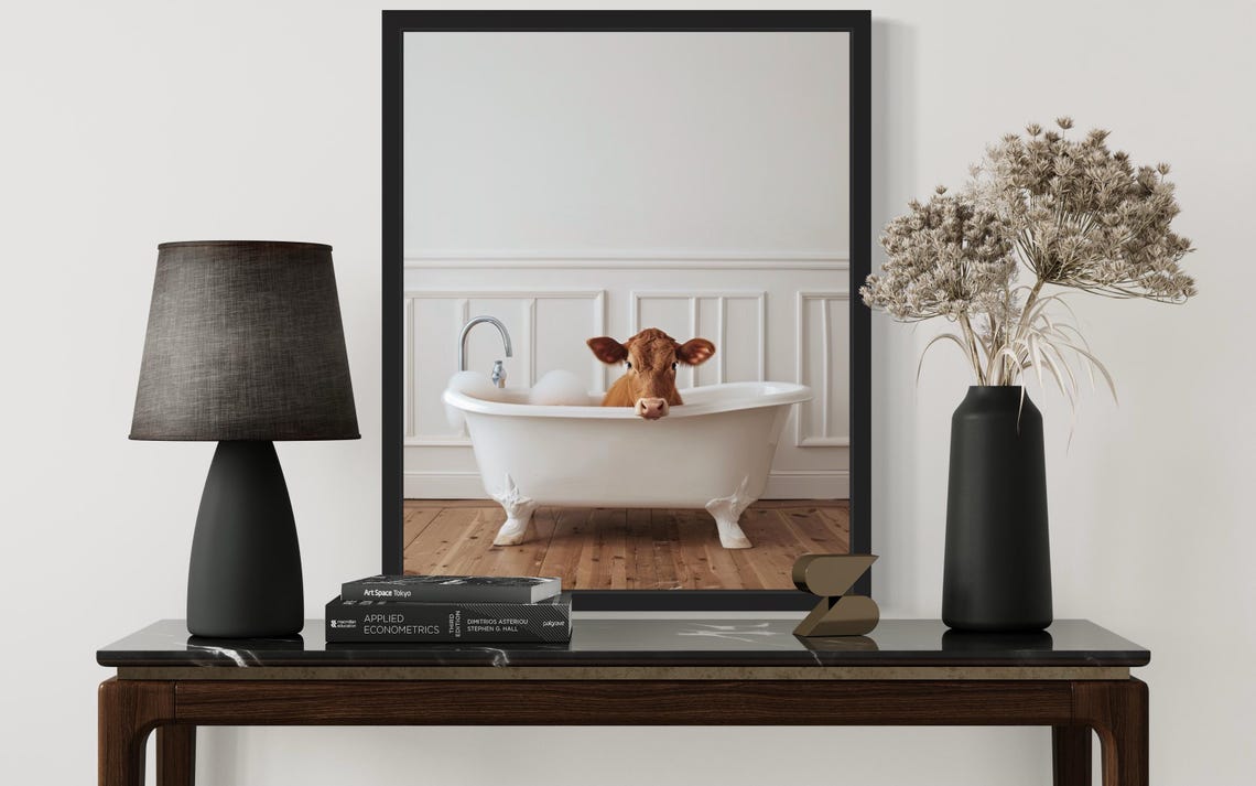 Gentle Brown Cow Resting Chin On Vintage Clawfoot Bathtub Funny Poster - Image 2