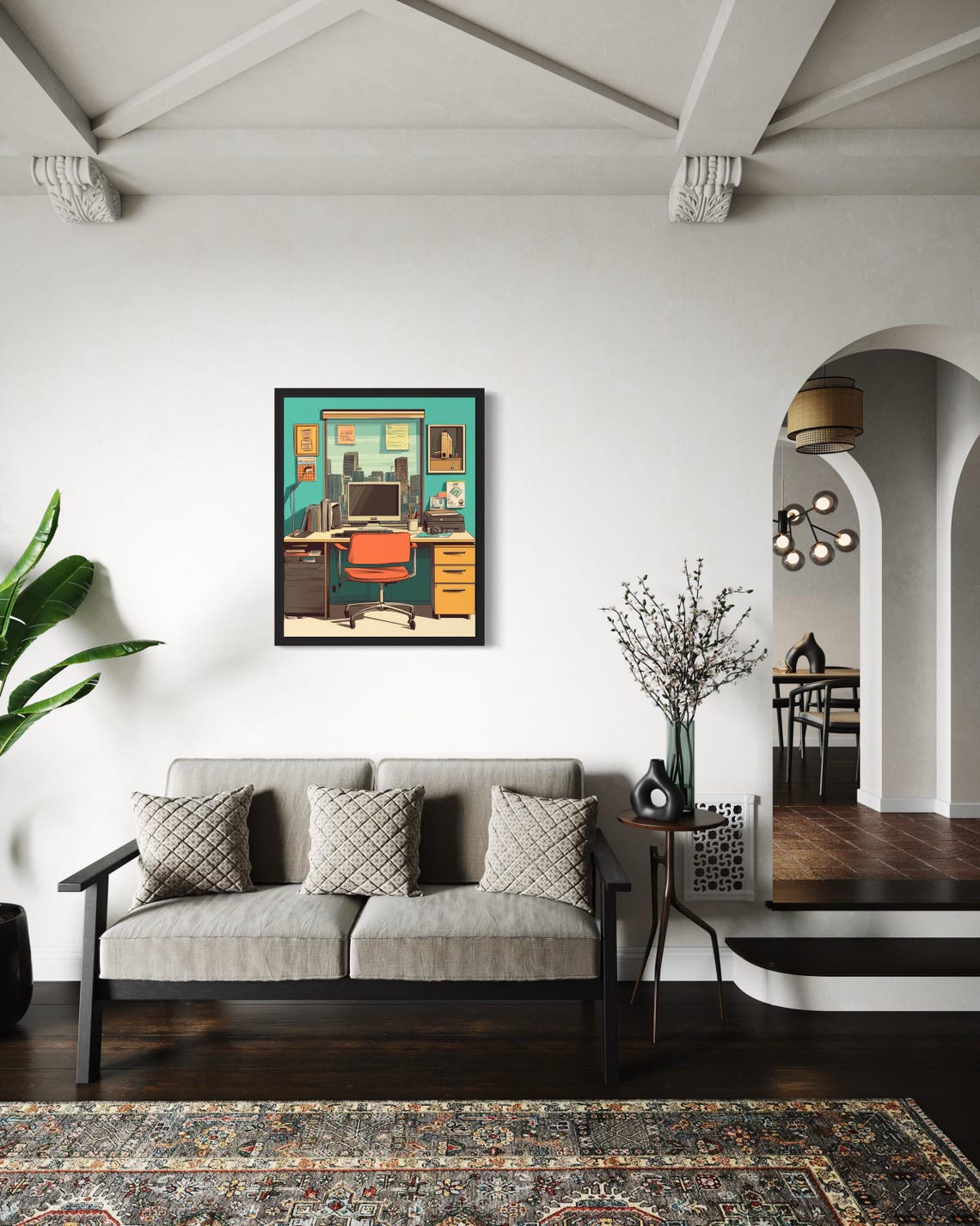 Retro Office Workspace With Orange Chair and City View Poster - Image 3