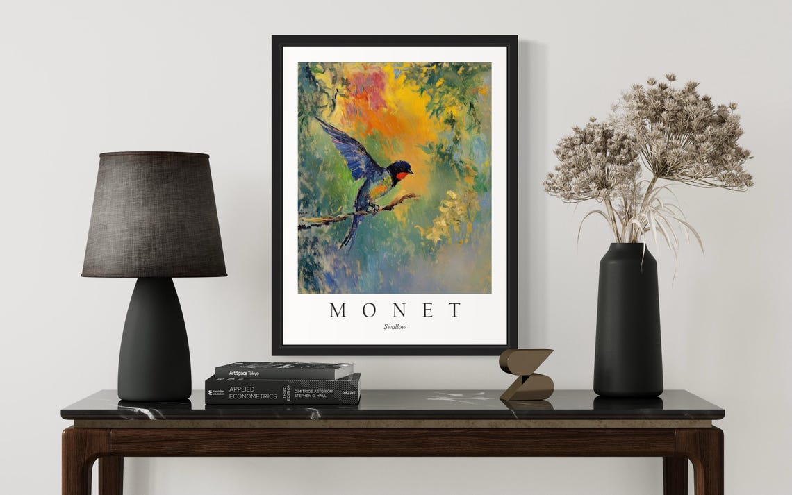 Swallow in Flight Landing on Branch Monet Style Vivid Bird Poster - Image 3