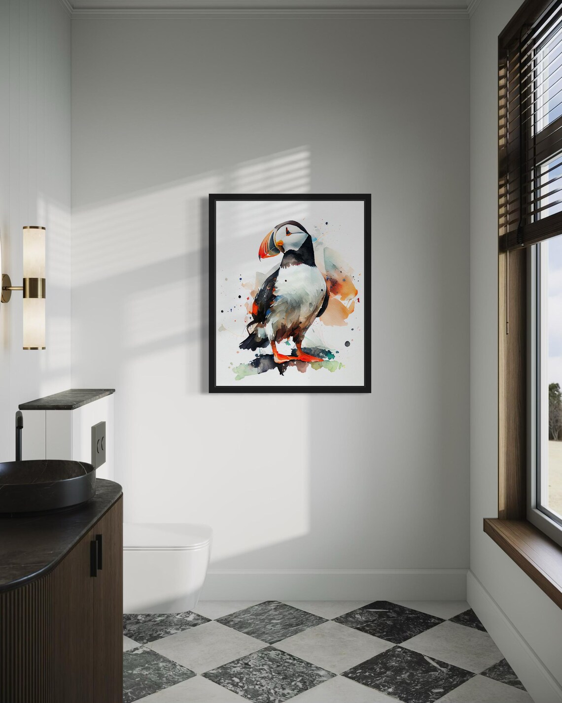 Atlantic Puffin with Splashes of Color Watercolor Bird Art Poster - Image 3