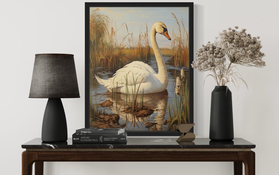 White Swan Gliding Among Reeds Vintage Style Lake Bird Poster - Image 2