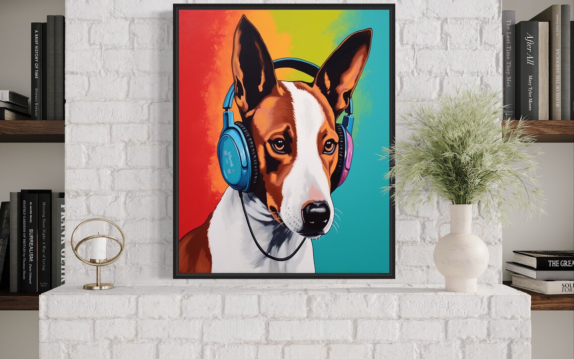 Basenji Dog Wearing Headphones Vibrant Color Block Music Poster - Image 4