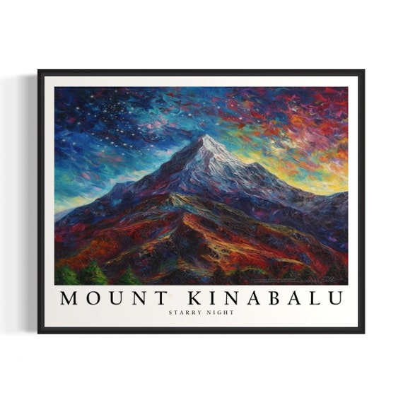 Mount Kinabalu Starry Night Art Print Van Gogh Style Poster Wall Art Original Painting Decor