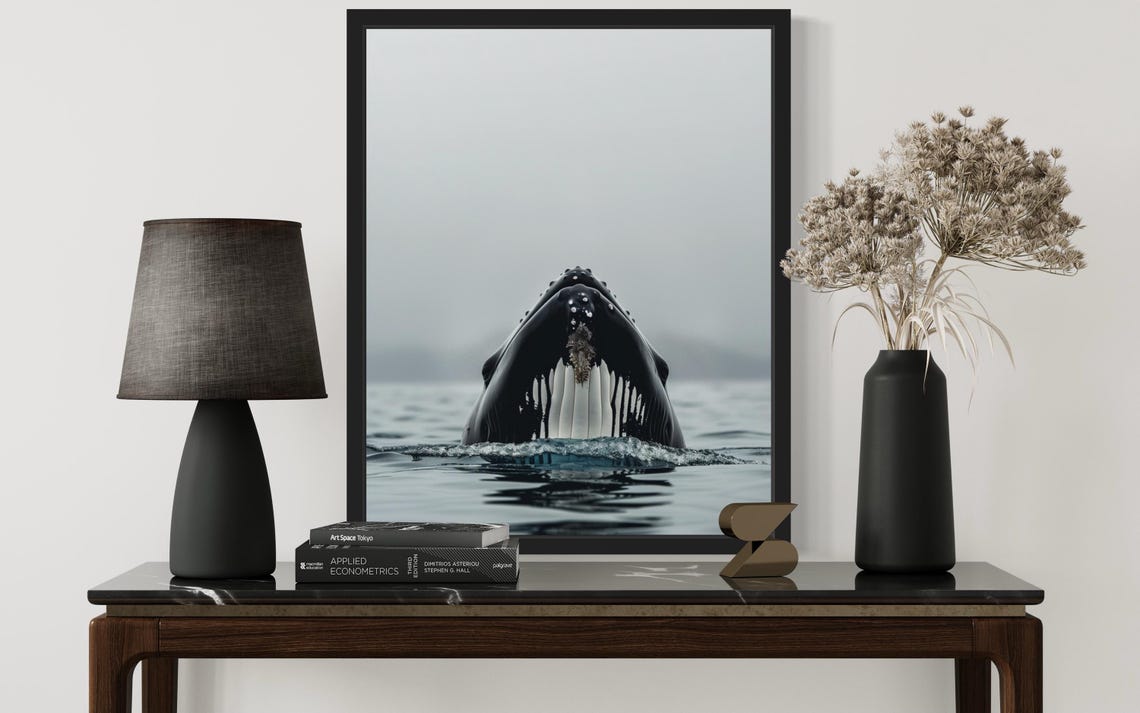 Humpback Whale Breaching in Misty Gray Ocean Photo Art Poster - Image 2