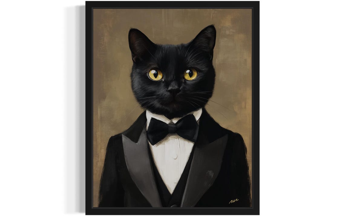 Debonair Black Cat Tuxedo Bow Tie Gentleman Portrait Art Poster