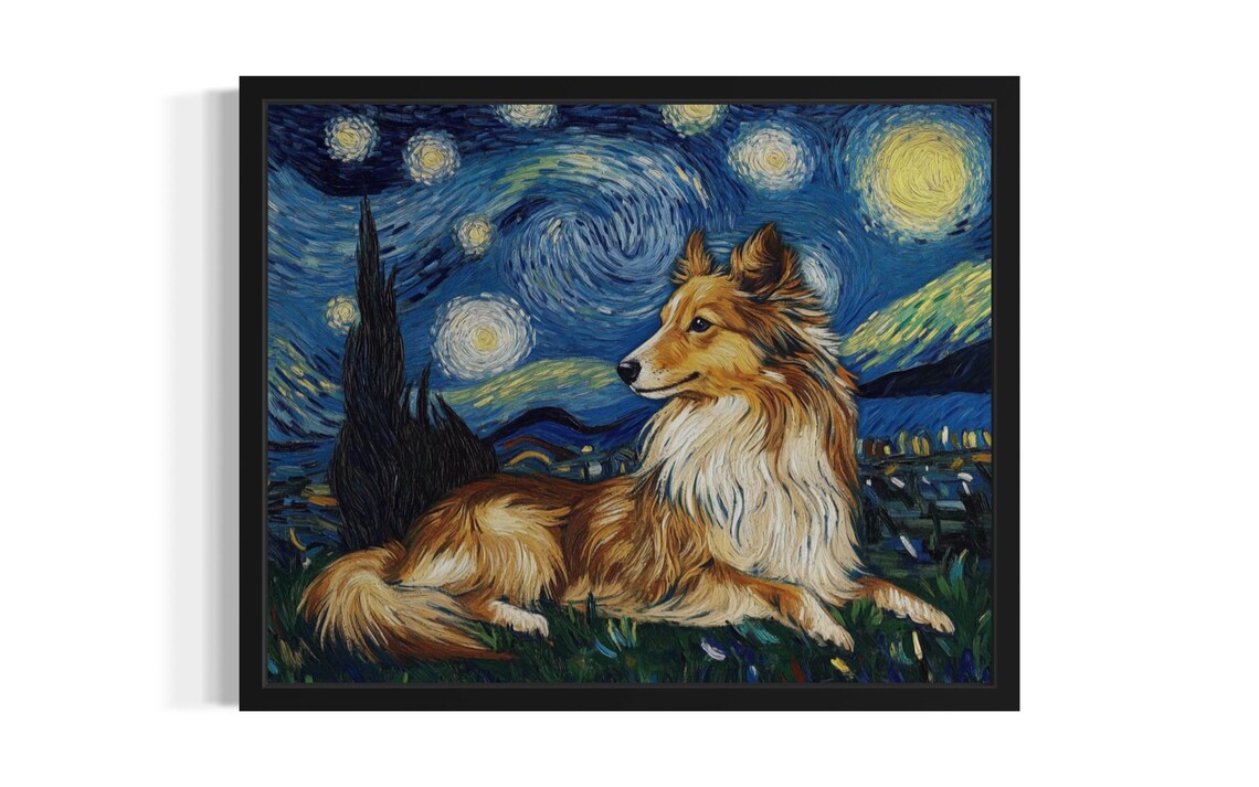 Shetland Sheepdog Resting Under Van Gogh Starry Night Sky Poster