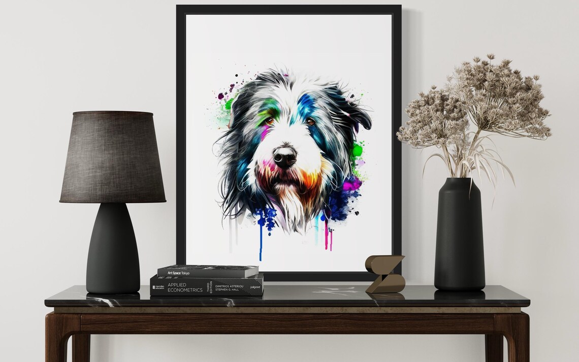 Bearded Collie Dog Neon Splash Watercolor Portrait Art Poster - Image 3
