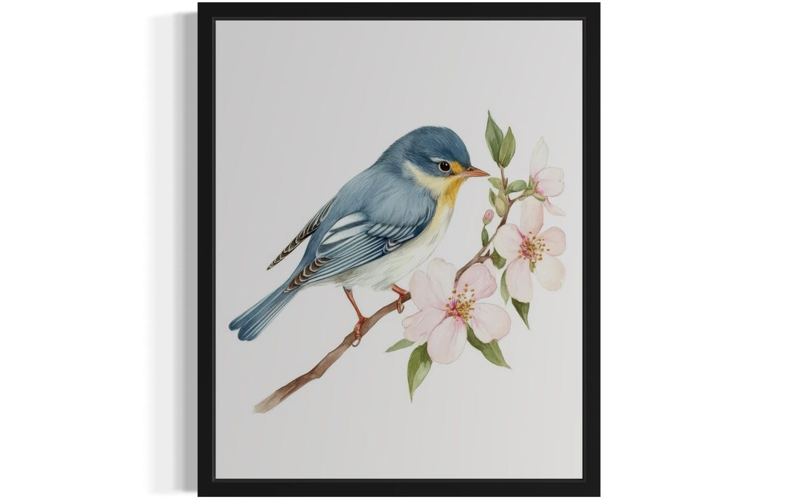 Northern Parula Warbler on a Flowering Branch Watercolor Poster