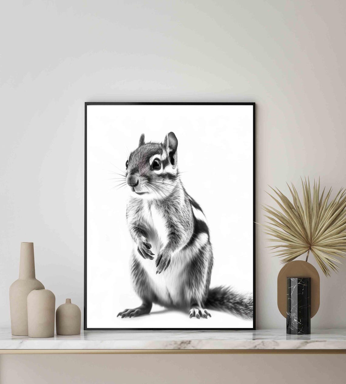 Adorable Chipmunk Standing Upright in Black and White Art Poster - Image 2