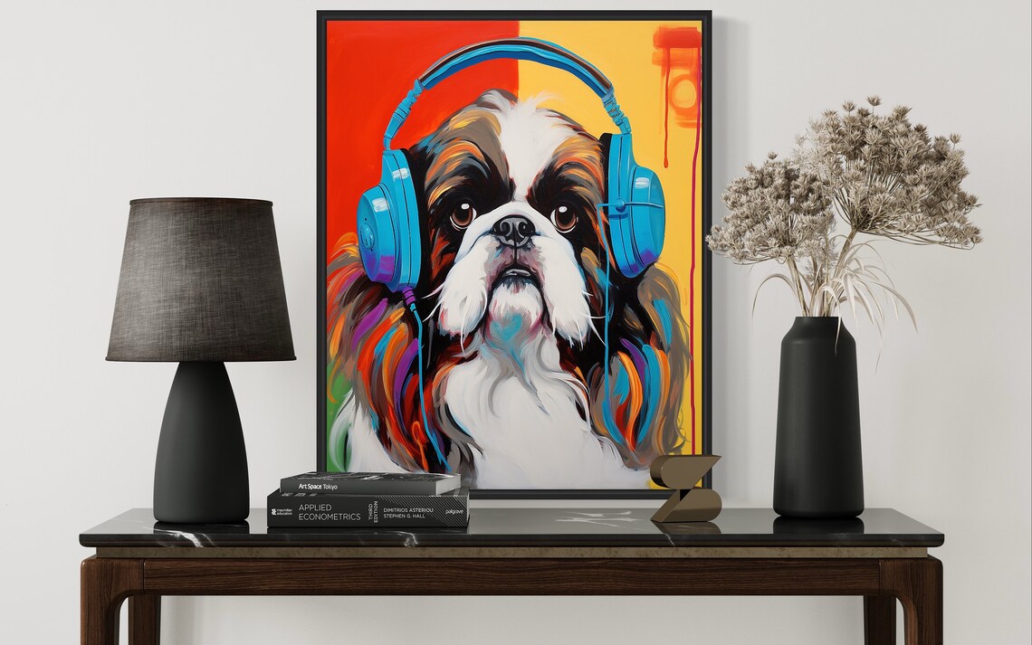 Pekingese Dog Wearing Blue Headphones Colorful Music Art Poster - Image 3