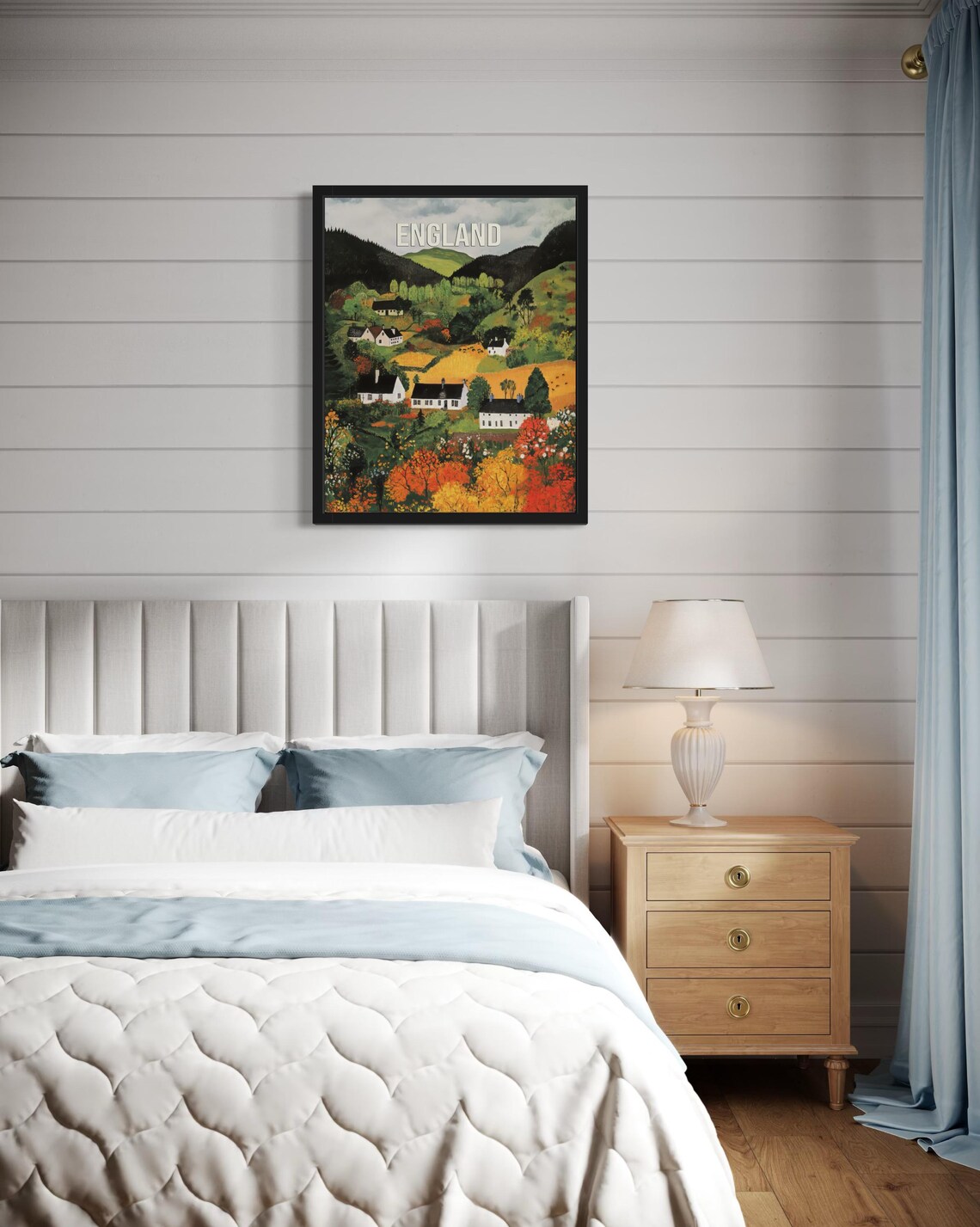 England White Country Houses Rolling Autumn Valley Folk Art Poster - Image 4