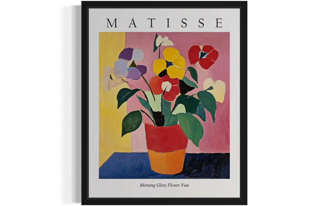 Morning Glory Flower Vase on Blue Table Matisse Style Art Poster