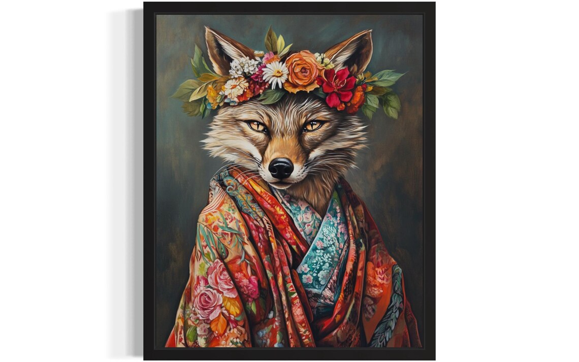 Jackal Wearing Flower Crown and Floral Robe Fine Art Decor Poster