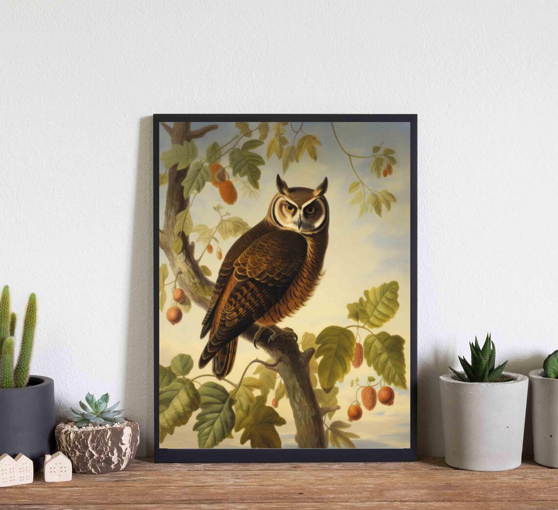 Great Horned Owl on a Fruiting Branch Vintage Bird Art Poster - Image 4