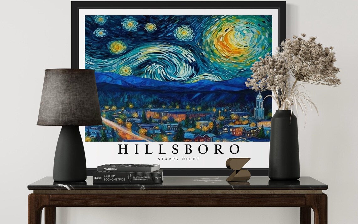 Hillsboro Oregon Small Town Nightscape Starry Night Art Poster - Image 3