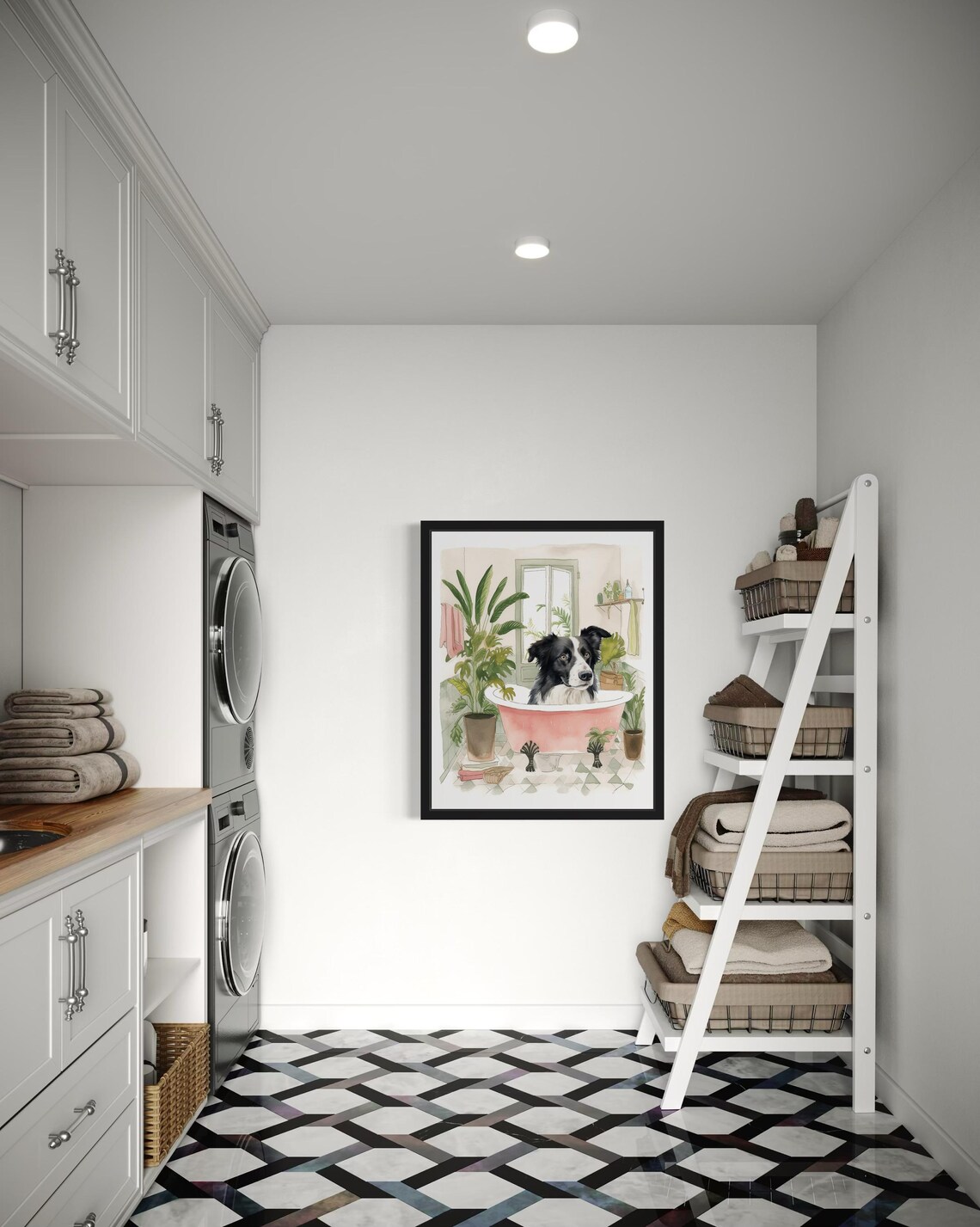 Border Collie Bath Time Pink Tub Botanical Bathroom Art Poster - Image 2