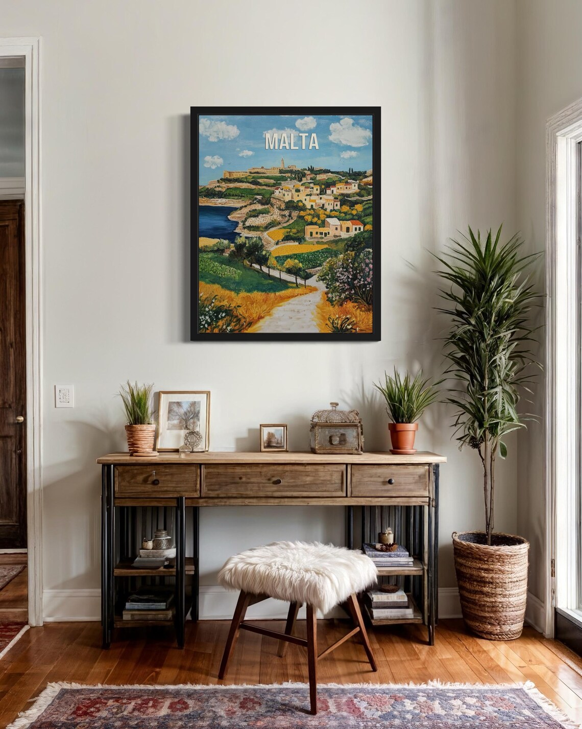 Malta Coastal Hill Town with Fortress Above the Bay Travel Poster - Image 2