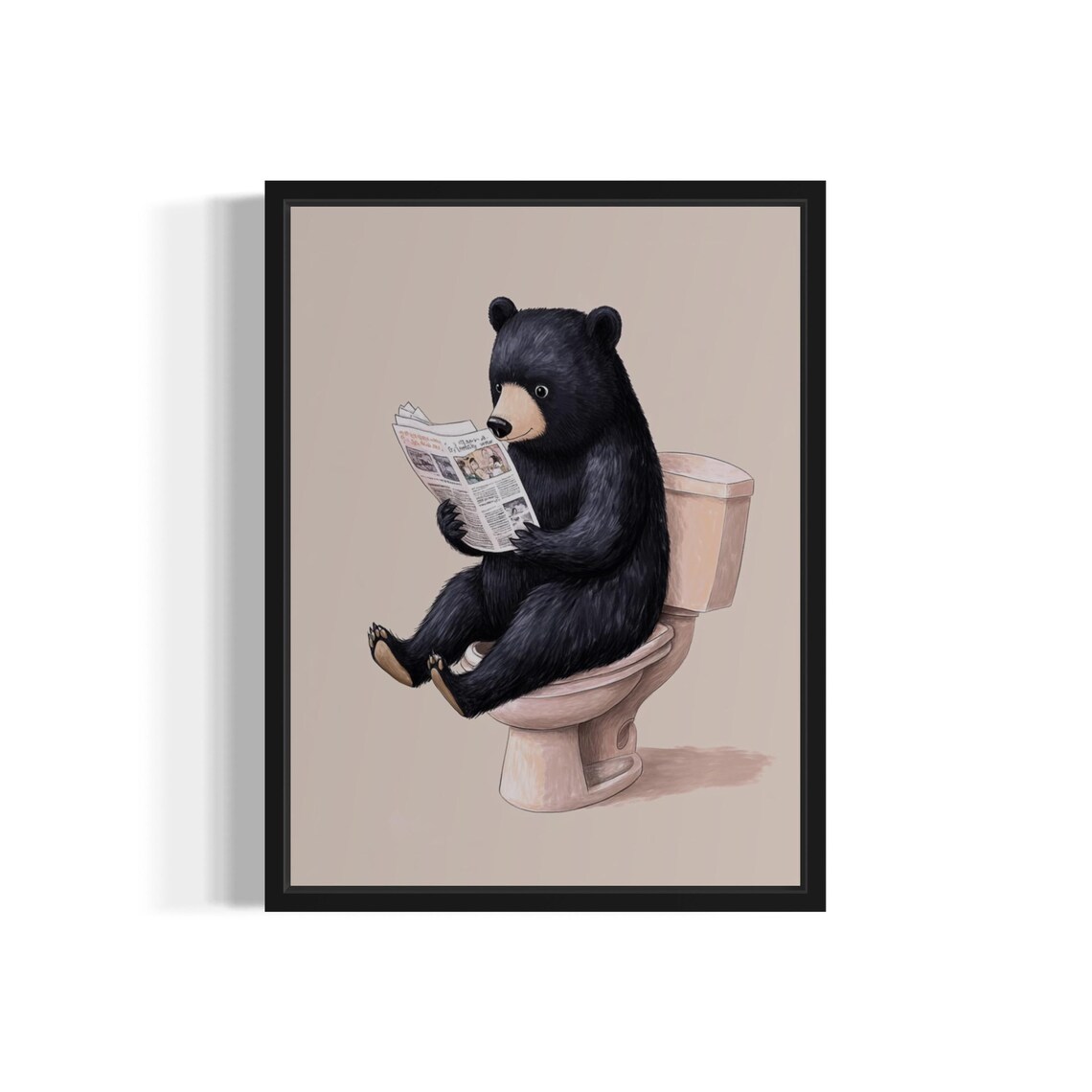 Black Bear Reading Newspaper on Toilet Funny Kids Bathroom Poster
