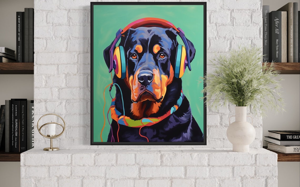 Rottweiler Dog Wearing Headphones Colorful Pop Art Portrait Poster - Image 4