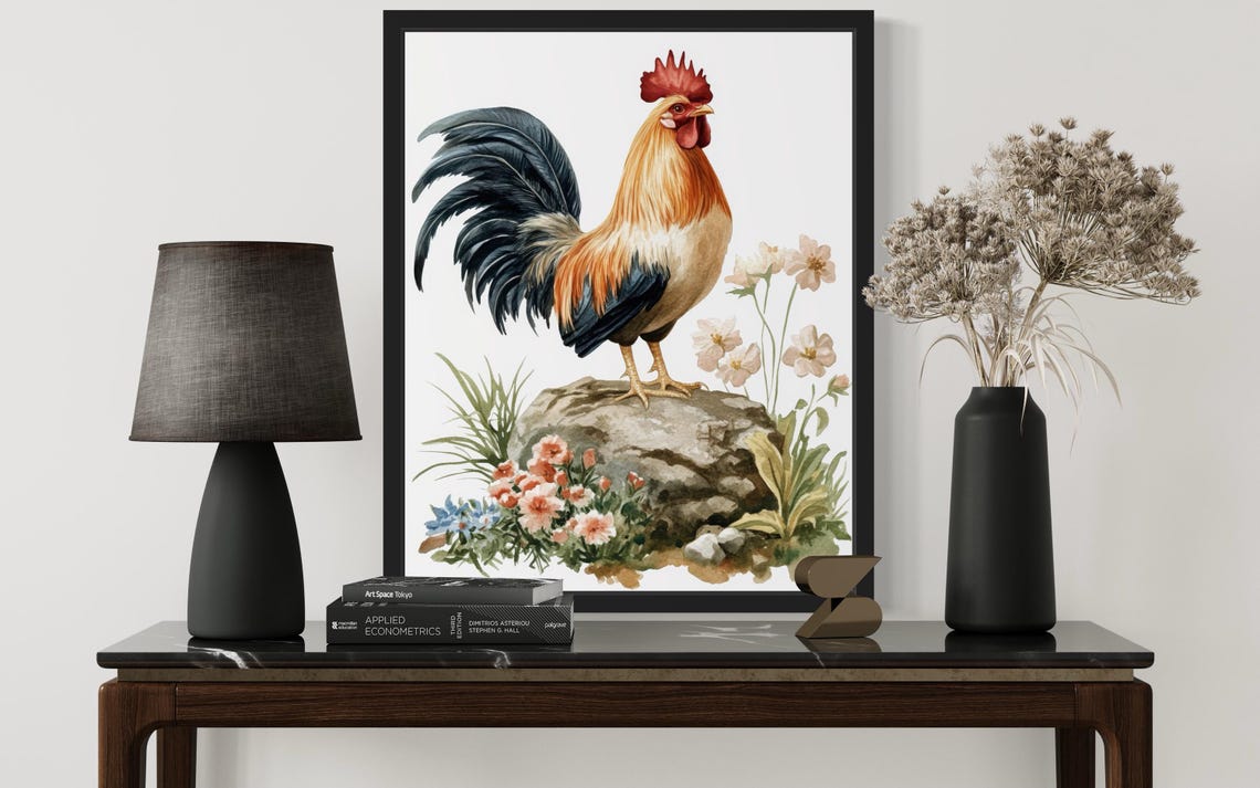 Rooster Standing on a Rock with Wildflowers Watercolor Poster - Image 2